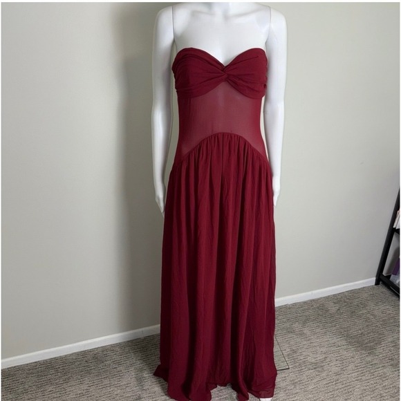 Commense Semi-Sheer Ruched Long-Ribbon Tube Dress red size M/6 - Picture 9 of 10